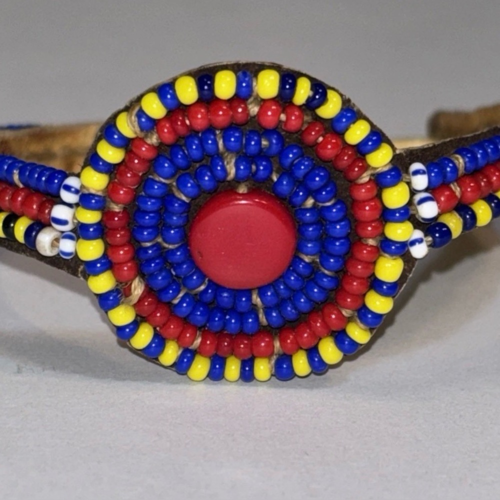 Vintage East African Maasai Warrior‎ Bracelet Hand-Beaded Rawhide Leather Rare
